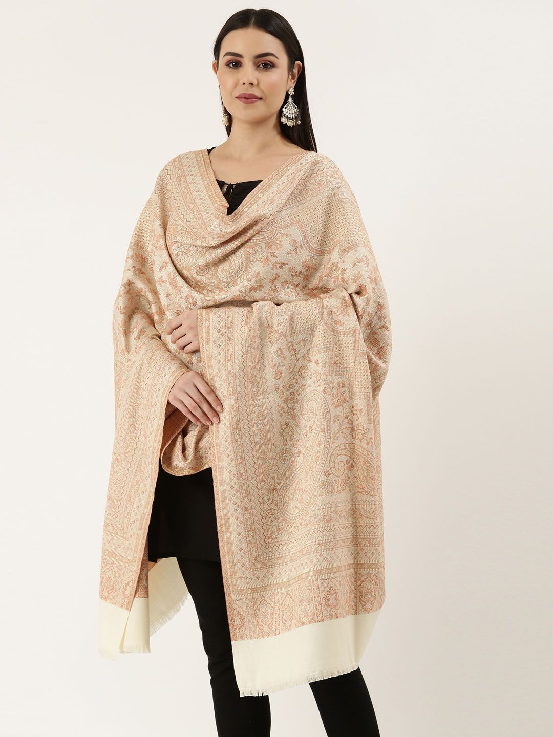 Dhiyona PA Women Off- White Woven Design Wool Jamawar Shawl