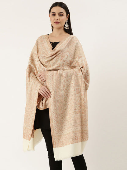 Dhiyona PA Women Off- White Woven Design Wool Jamawar Shawl