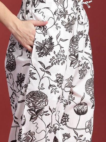 Floral Printed Mirror Work Pure Cotton Kurta With Trousers & Dupatta