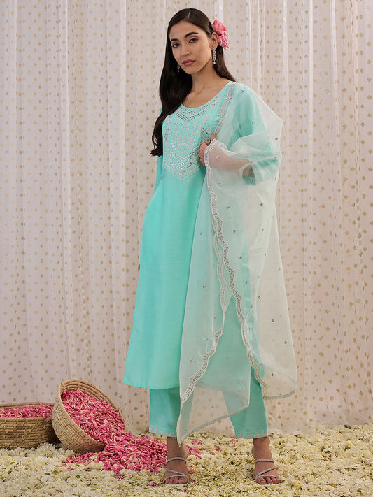 Floral Embroidered Regular Aari Work Kurta with Trousers & With Dupatta