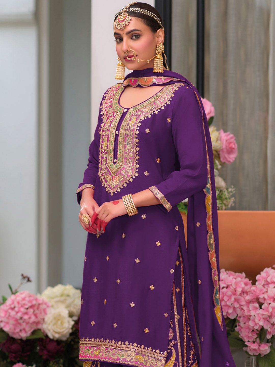 Floral Embroidered Sequinned Chinon Straight Kurta With Palazzos & Dupatta