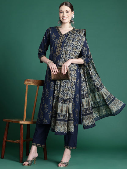 Dhiyona IE Floral Printed Pure Cotton Kurta With Trousers & Dupatta