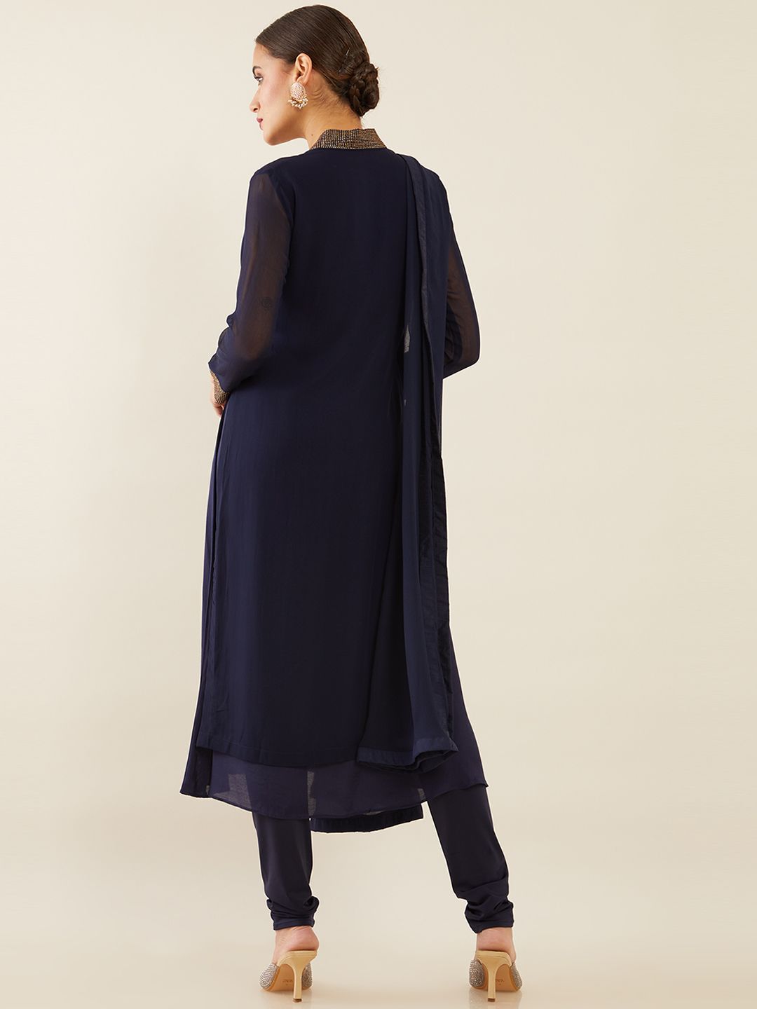 Dhiyona SO Women's Women Navy Blue Embellished Layered Silk Georgette Kurta with Churidar & Dupatta