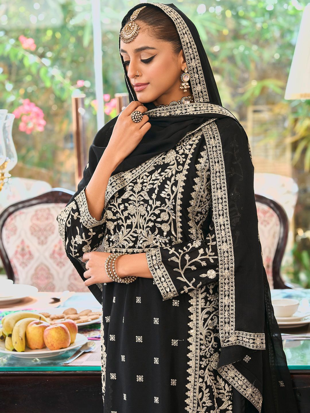 Floral Embroidered Round Neck Mirror Work Straight Kurta With Palazzos & Dupatta