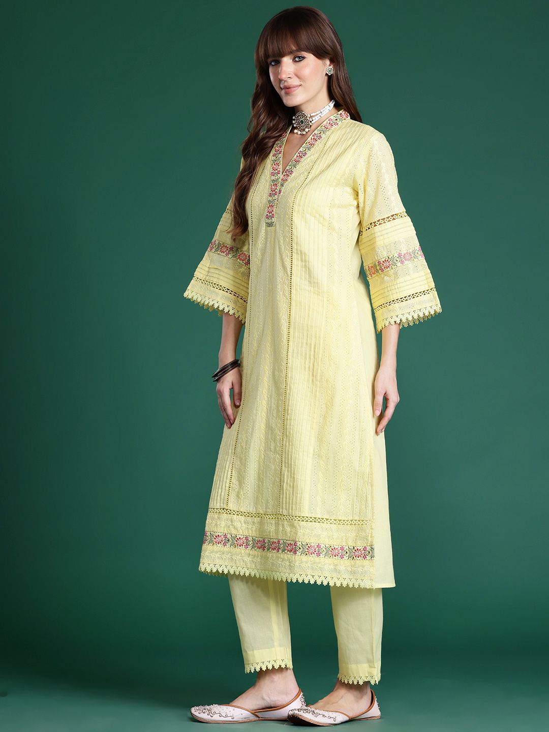 Floral Embroidered Pure Cotton Kurta with Trousers & Dupatta