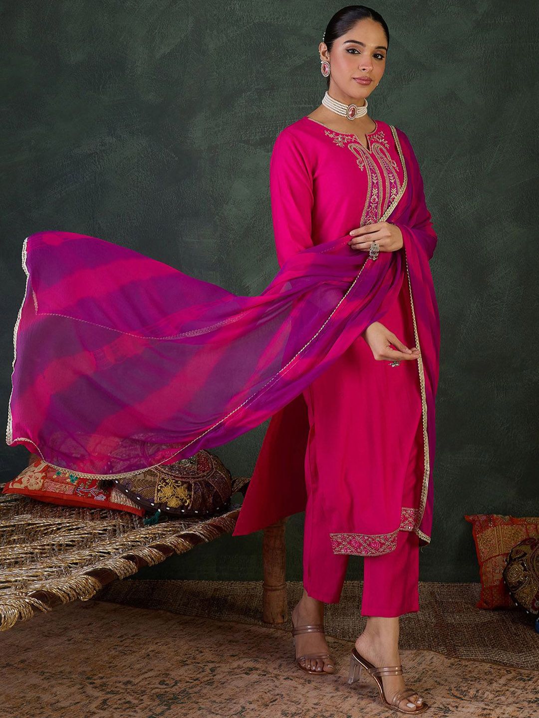 Ethnic Motifs Embroidered Sequinned Kurta With Trousers & Dupatta