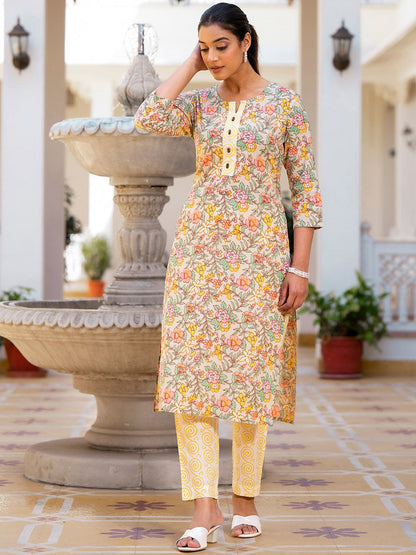 Dhiyona VA Women'sFloral Printed Regular Pure Cotton Kurta with Trouser