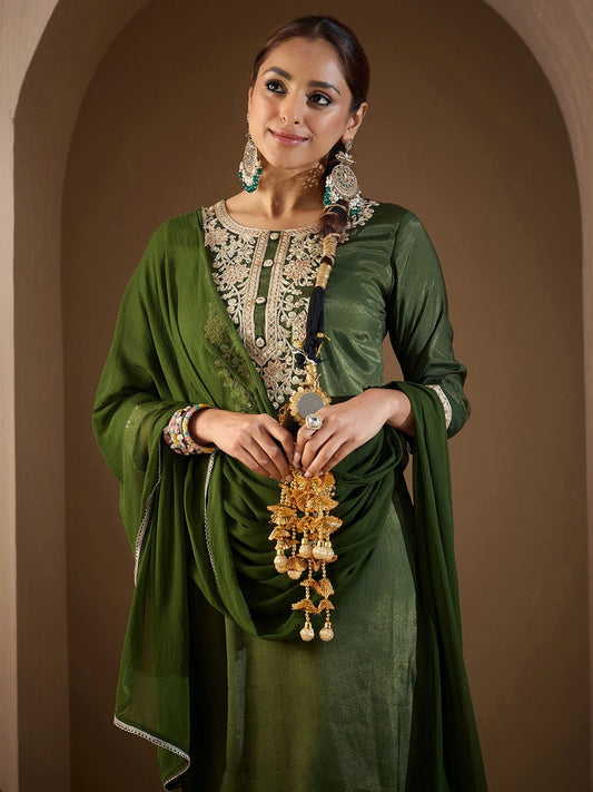 Ethnic Motifs Zari Embroidered Kurta with Trouser & Dupatta