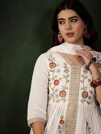 Dhiyona SN Women's Off White Floral Embroidered Thread Work A-Line Kurta With Trouser & Dupatta