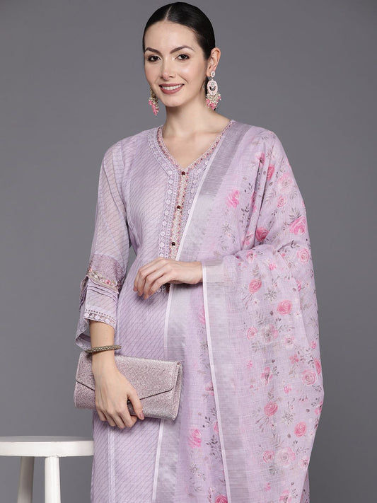 Dhiyona IE Floral Embroidered Regular Thread Work Linen Kurta with Trousers & Dupatta