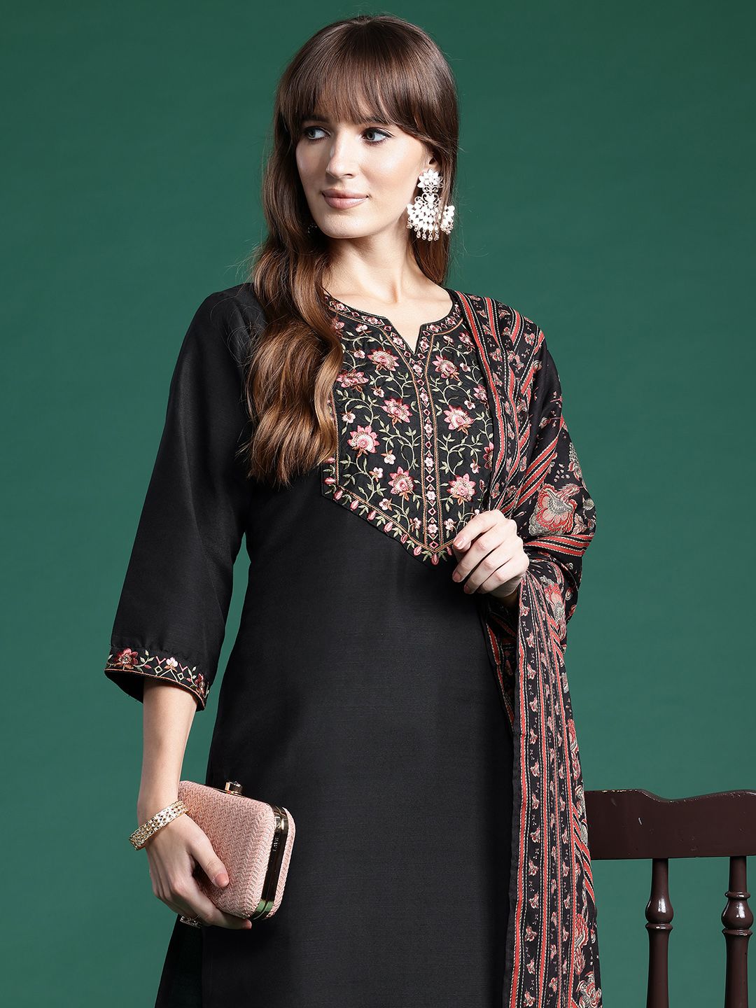 Dhiyona IE Floral Yoke Design Thread Work Kurta With Trousers & Dupatta
