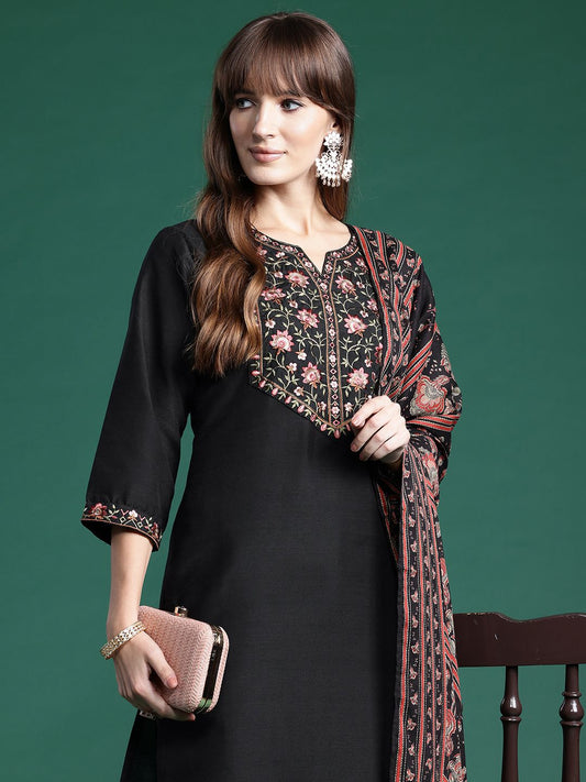 Dhiyona IE Floral Yoke Design Thread Work Kurta With Trousers & Dupatta