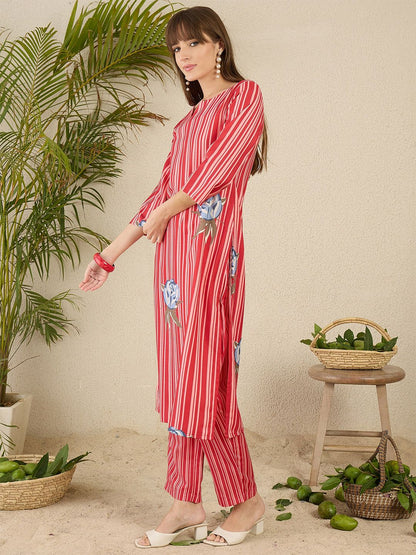 Dhiyona IE Women Solid V-Neck Regular Kurta with Trousers