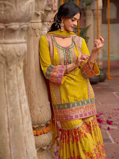 Dhiyona IE Embroidered Sequinned Kurti With Sharara & Dupatta