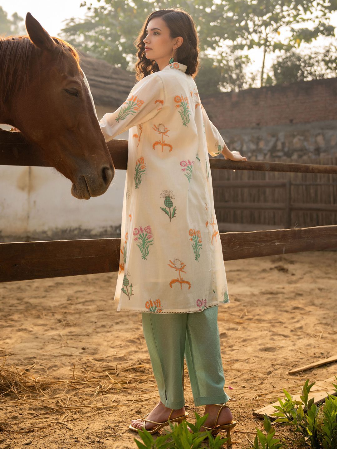 Dhiyona IE Floral Printed Shirt Collar Pure Cotton A-Line Kurta With Trouser