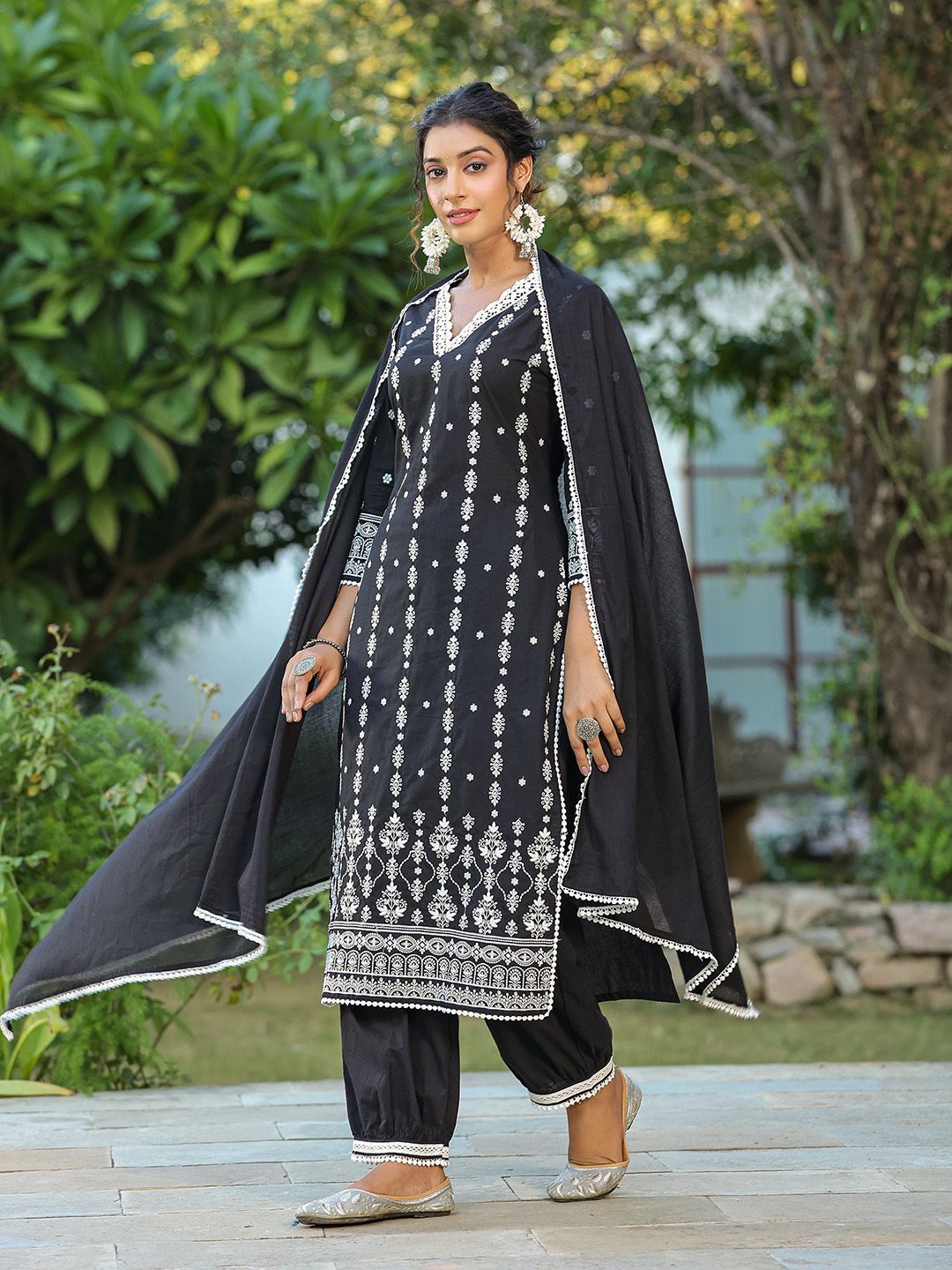 Dhiyona IS Women's Ethnic Motifs Embroidered Straight Pure Cotton Kurta With Trousers & Dupatta