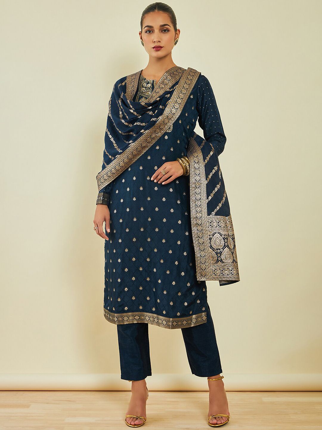 Dhiyona SO Women's Ethnic Motifs Embroidered Silk Kurta with Trousers & With Dupatta