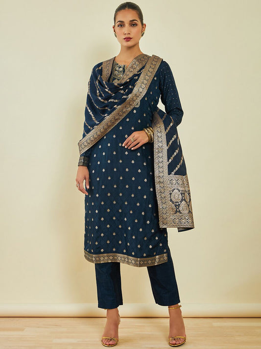 Dhiyona SO Women's Ethnic Motifs Embroidered Silk Kurta with Trousers & With Dupatta