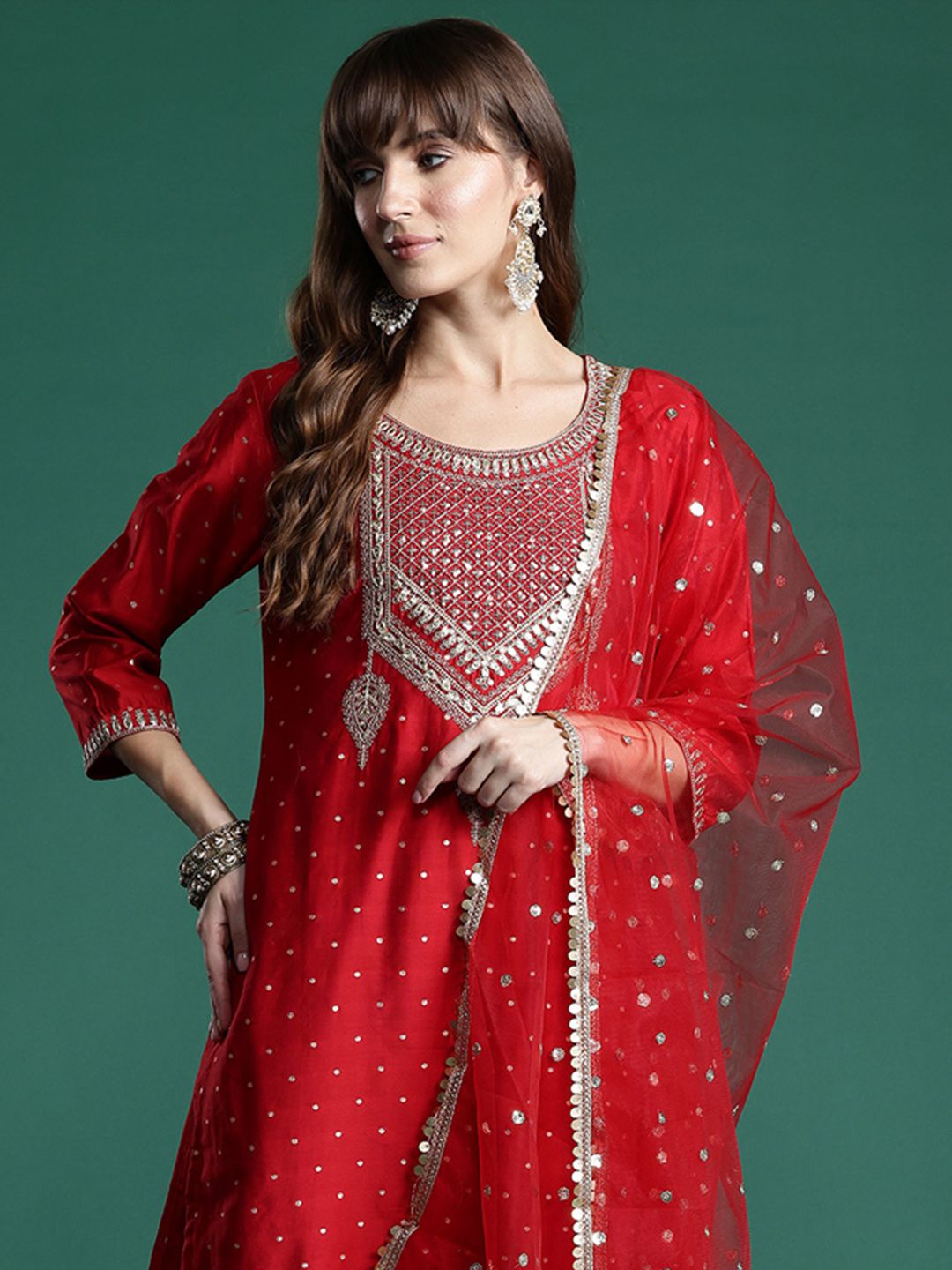 Dhiyona IE Embroidered Sequinned Kurta With Trousers & Dupatta