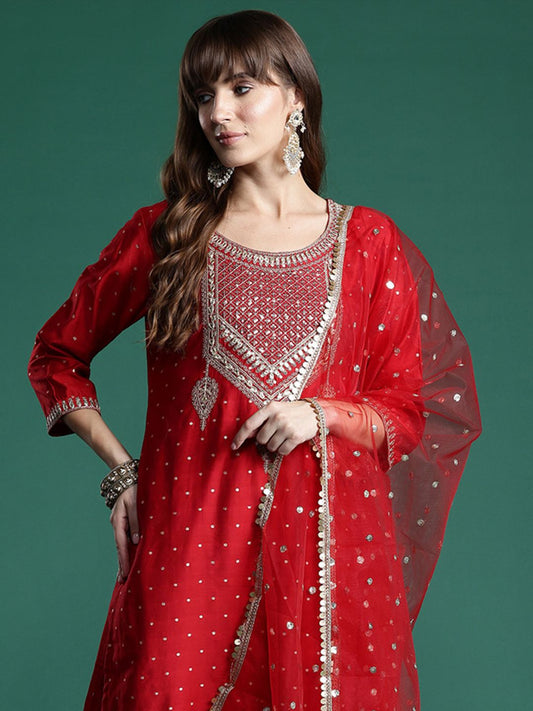 Dhiyona IE Embroidered Sequinned Kurta With Trousers & Dupatta