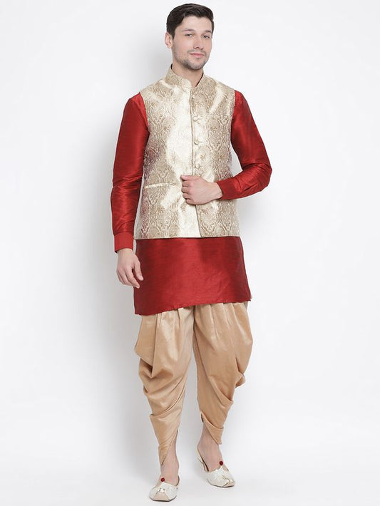 Men's Maroon Silk Blend Straight Jacket  Kurta and Dhoti Set