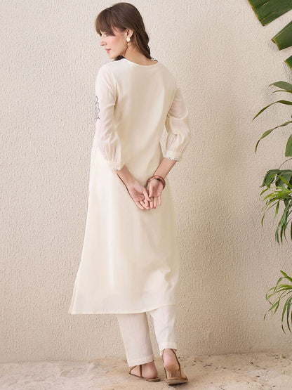 Floral Printed Pleated Round Neck Pure Cotton A-Line Kurta With Trousers