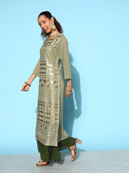 Dhiyona VA Women's Green Embroidered Sequinned Kurta With Sharara & Dupatta
