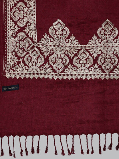 Dhiyona PA Women Maroon Tasselled Embroidered Shawl