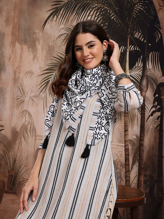 Dhiyona SN Women's Striped Pure Cotton Kurta With Palazzos & Dupatta