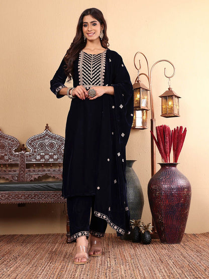Dhiyona VA Women'sNavy Blue Floral Yoke Design Sequinned Velvet Kurta with Trousers & Dupatta