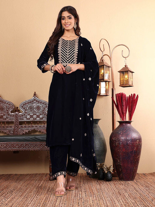 Dhiyona VA Women'sNavy Blue Floral Yoke Design Sequinned Velvet Kurta with Trousers & Dupatta