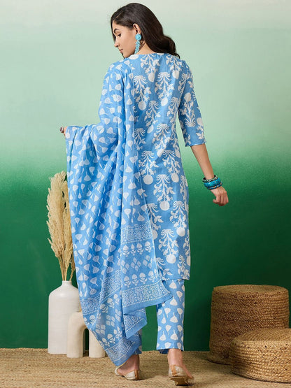 Dhiyona SN Women's Printed & Embroidered Pure Cotton Straight Kurta With Trouser & Dupatta Set