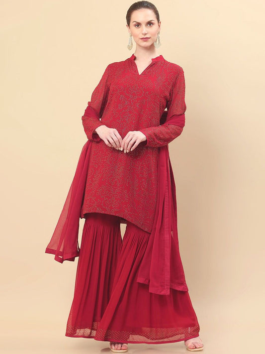 Dhiyona SO Women's Women Red Floral Embroidered Beads and Stones Kurta with Sharara & Dupatta