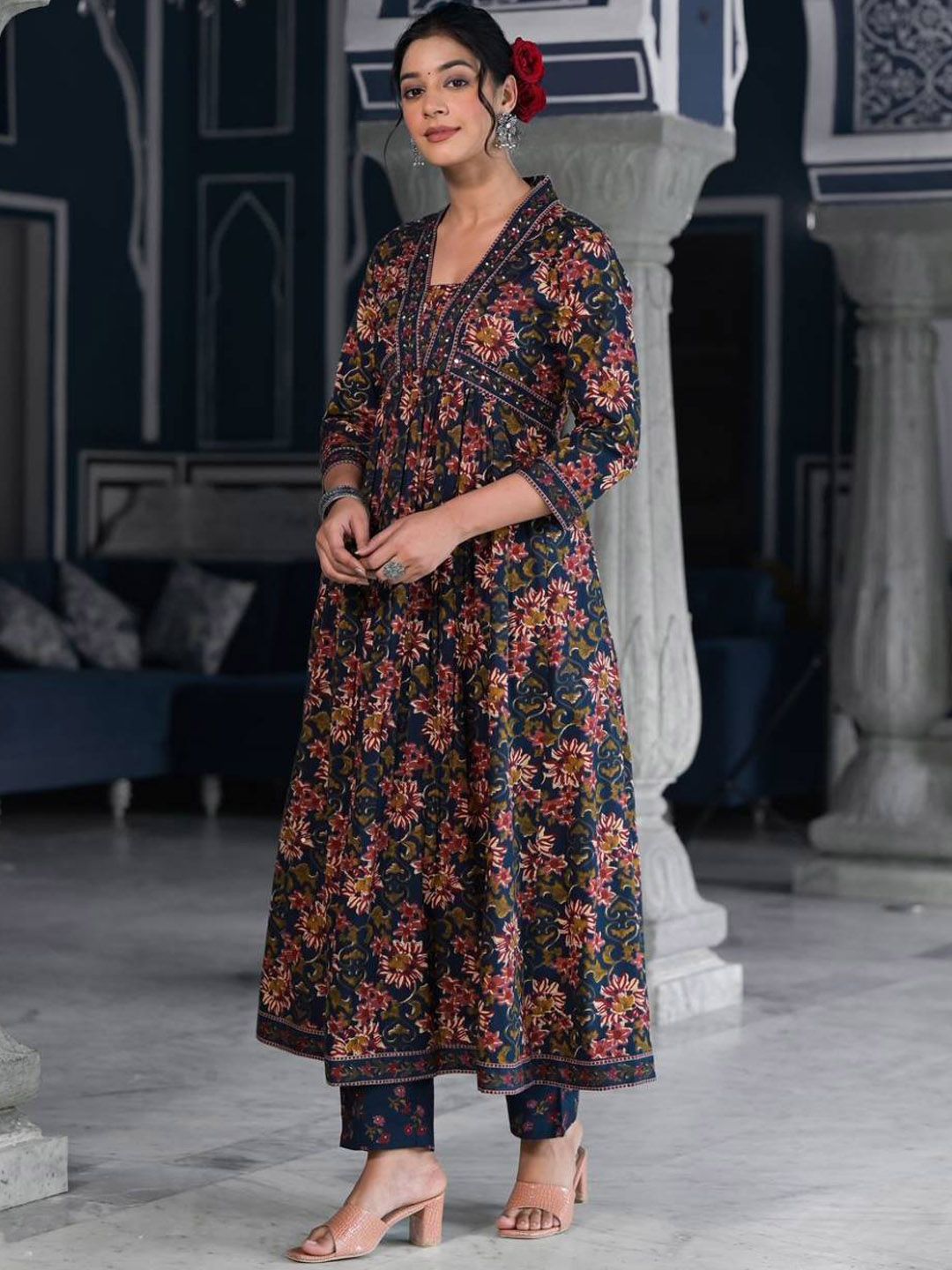 Dhiyona VA Women'sFloral Printed & Sequinned Pure Cotton Anarkali Kurta With Trouser & Dupatta