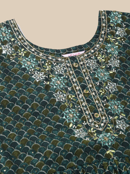 Dhiyona IS Women's Printed Green Empire Gotta Patti Pure Cotton Kurta with Trousers & Dupatta