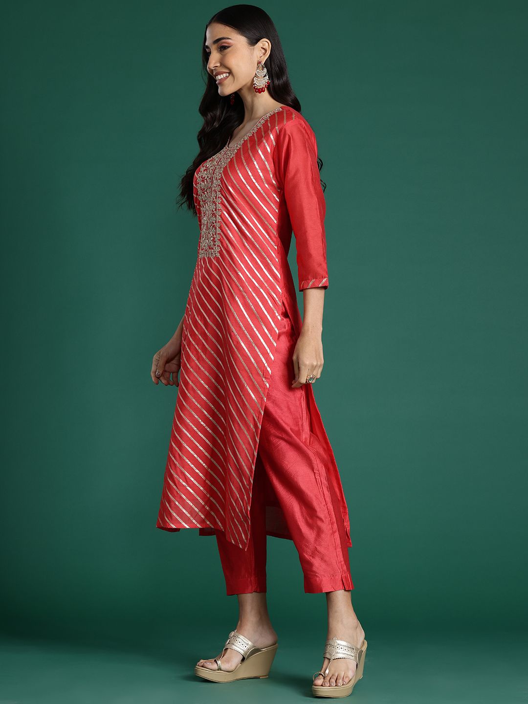 Dhiyona IE Striped Sequinned Chanderi Silk Kurta With Trousers & Dupatta