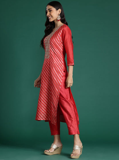 Dhiyona IE Striped Sequinned Chanderi Silk Kurta With Trousers & Dupatta