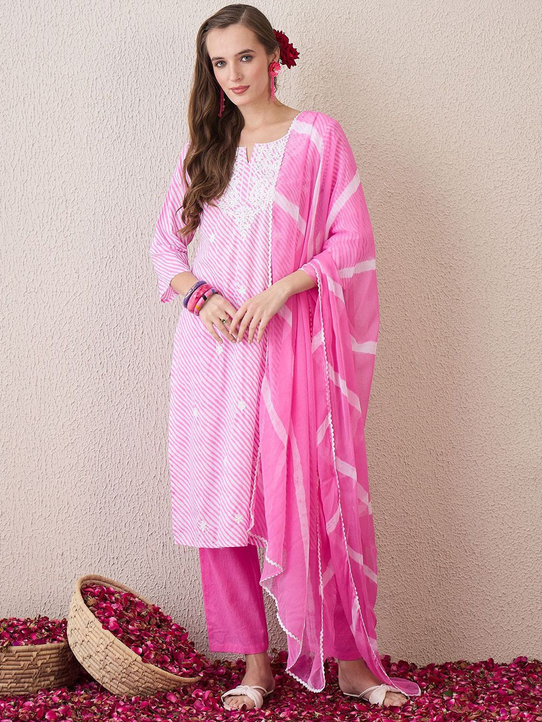 Floral Embroidered Thread Work Pure Cotton Straight Kurta With Trousers & Dupatta