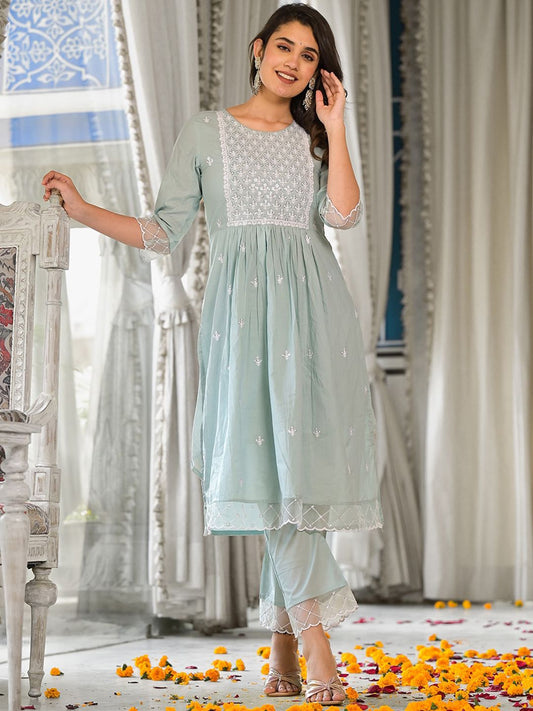 Dhiyona VA Women'sEmbroidered Sequinned Pure Cotton Kurta With Trousers & Dupatta