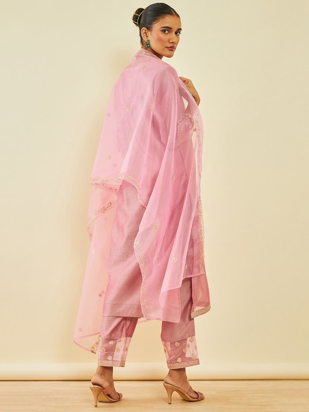 Dhiyona SO Women's Ethnic Motifs Embroidered Round Neck Straight Kurta With Trousers & Dupatta