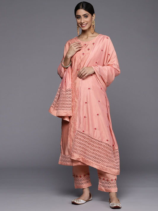 Dhiyona VA Women's Peach-Coloured Ethnic Motifs Embroidered Kurta with Trousers & Dupatta