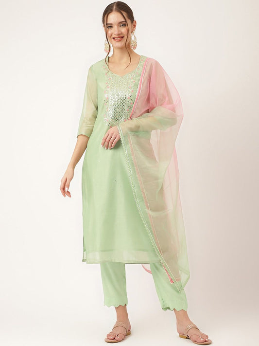Dhiyona KL Ethnic Motifs Yoke Design Chanderi Silk Straight Kurta & Trouser With Dupatta