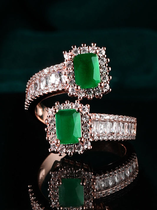 Dhiyona RJ Women's 18K Rose Gold-Plated Emerald Green & Cubic Zirconia Studded Adjustable Finger Ring