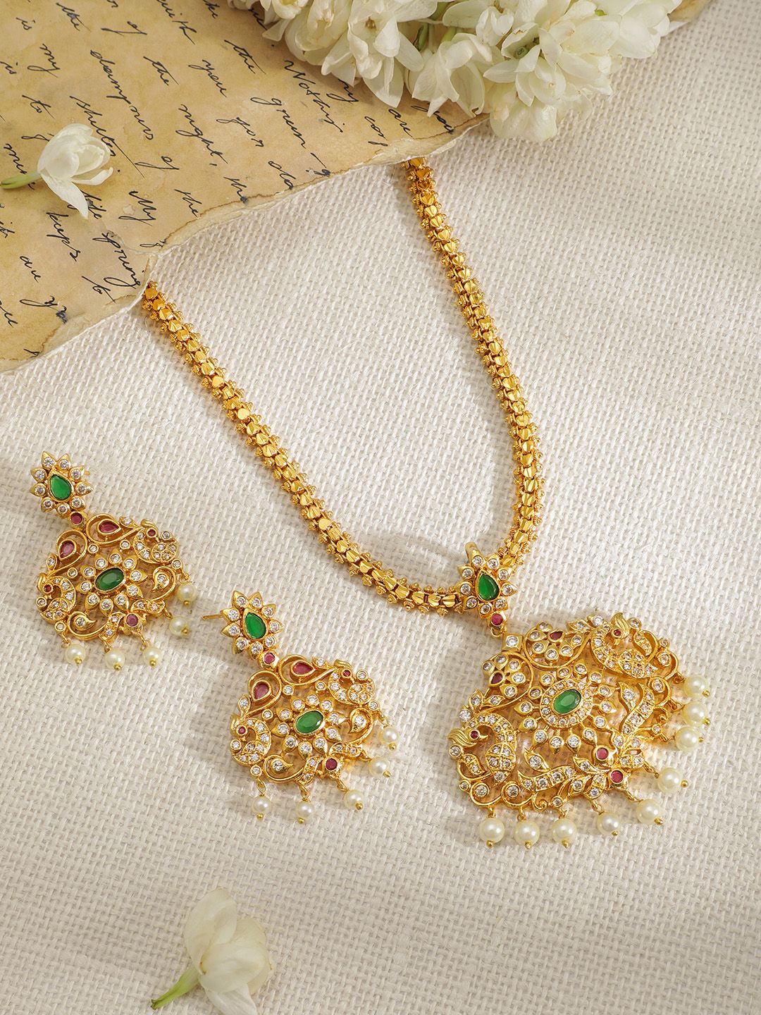Dhiyona RJ Women's Women Gold-Plated Green CZ Stone Studded Temple Jewellery Set