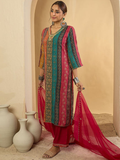 Women Ethnic Motifs Embroidered Thread Work Kurta with Palazzos & With Dupatta