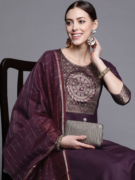 Dhiyona IE Women Purple Yoke Design Kurta with Palazzos & With Dupatta