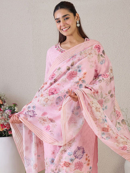 Women Floral Embroidered Linen Kurta with Trousers & Dupatta