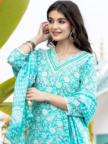 Dhiyona VA Women'sEthnic Motifs Printed Regular Mirror Work Kurta with Trouser & Dupatta