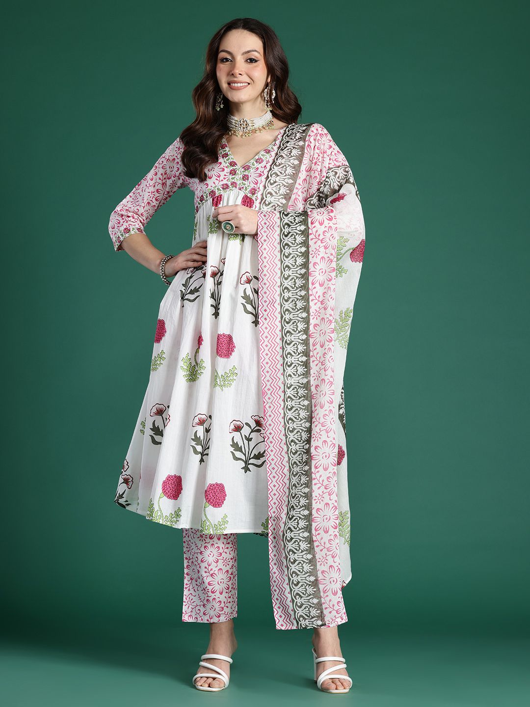 Dhiyona IE Floral Printed Empire Pure Cotton Kurta with Trousers & With Dupatta