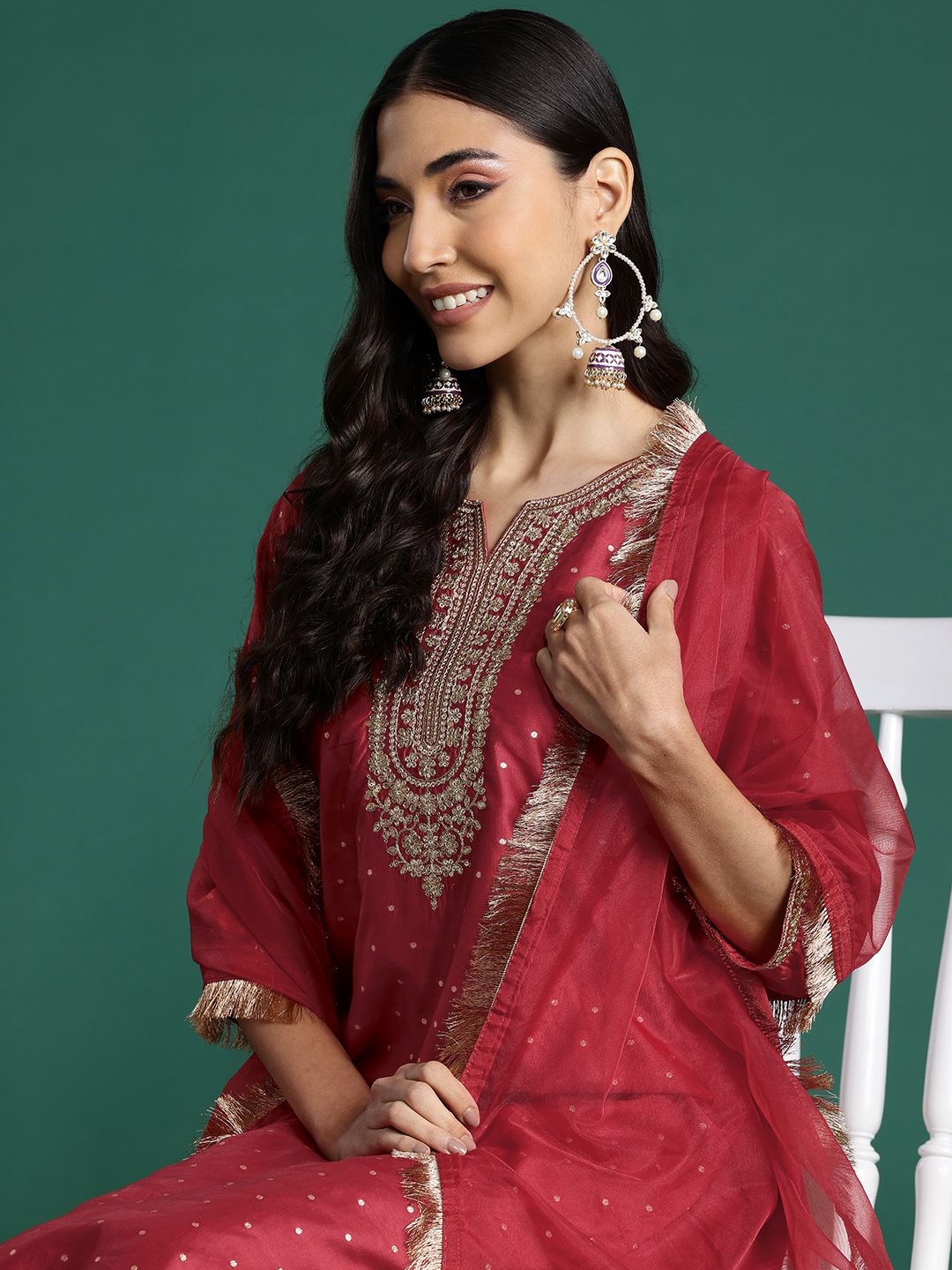 Embroidered Chanderi Silk Kurta With Trousers & Dupatta